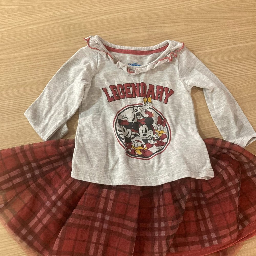 Disney Classic Mickey and Friends Set Gray Long Sleeve Top Plaid Skirt 12 Months